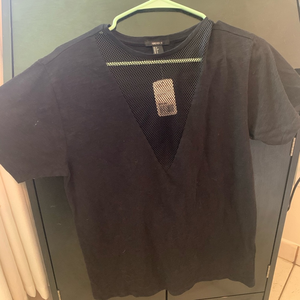 Oversized shirt with see through mesh v neck